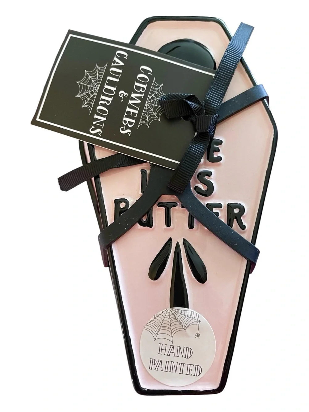 Cobwebs & Cauldrons Hand Painted “Here Lies Butter” Butter Dish Pink Black NWT